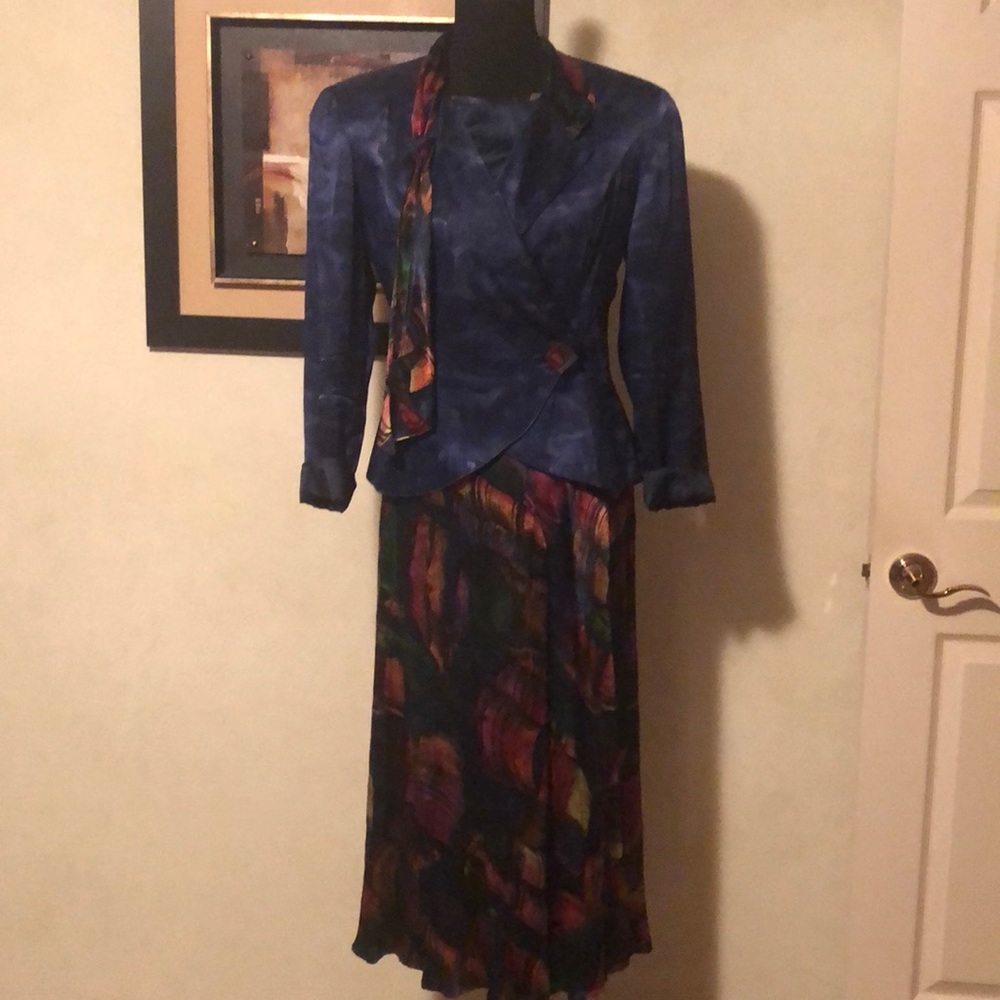 Three piece wrap skirt, blouse and jacket